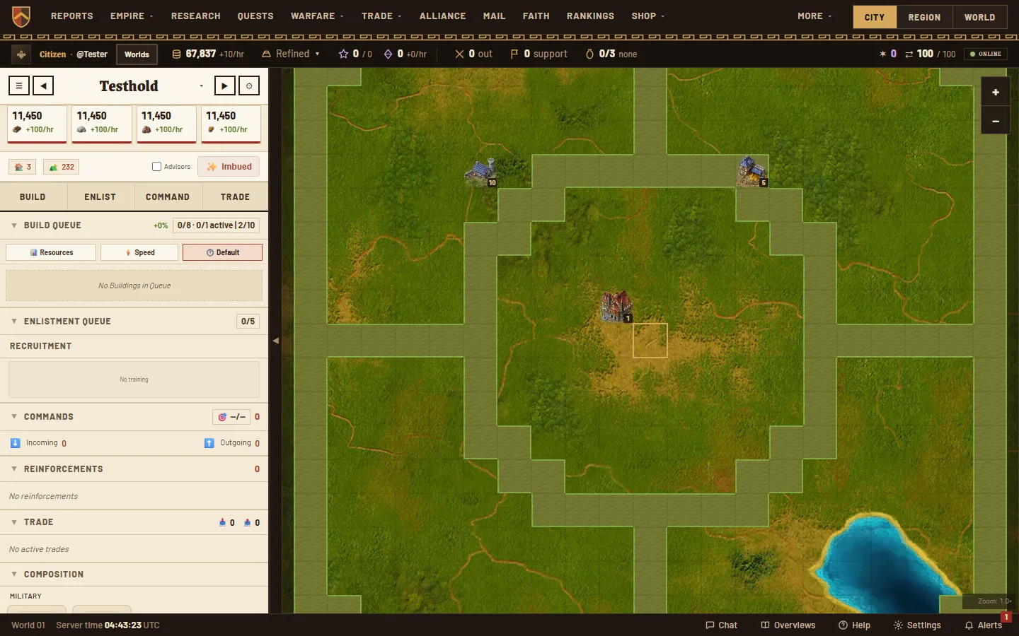 The city view: buildings on a green plain inside the city walls, with the city ledger of resources, queues and commands on the left.
