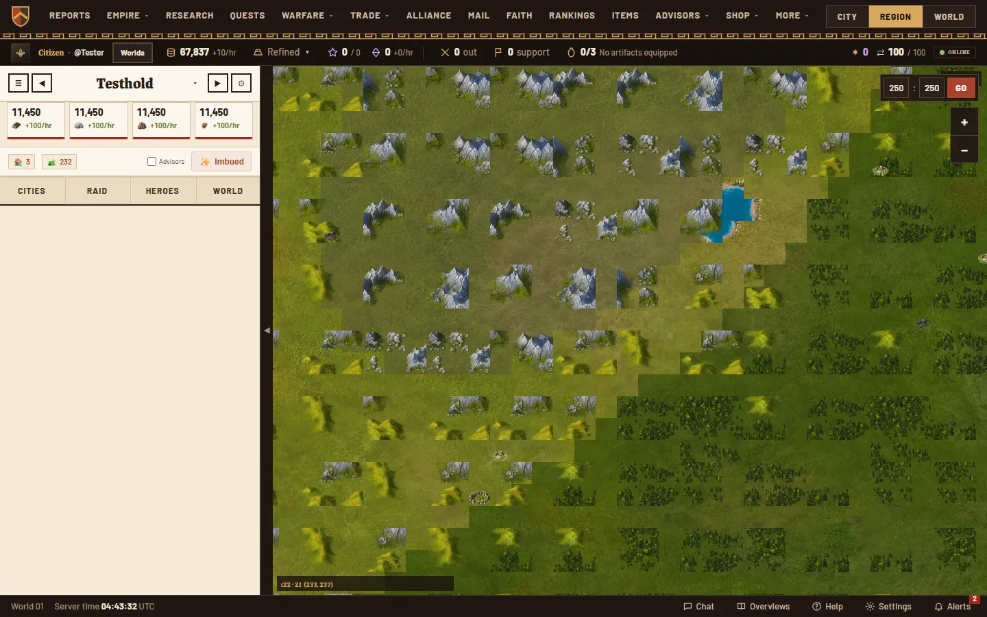 The region map: mountains, forests, hills and a lake around the spots where new cities can be founded.