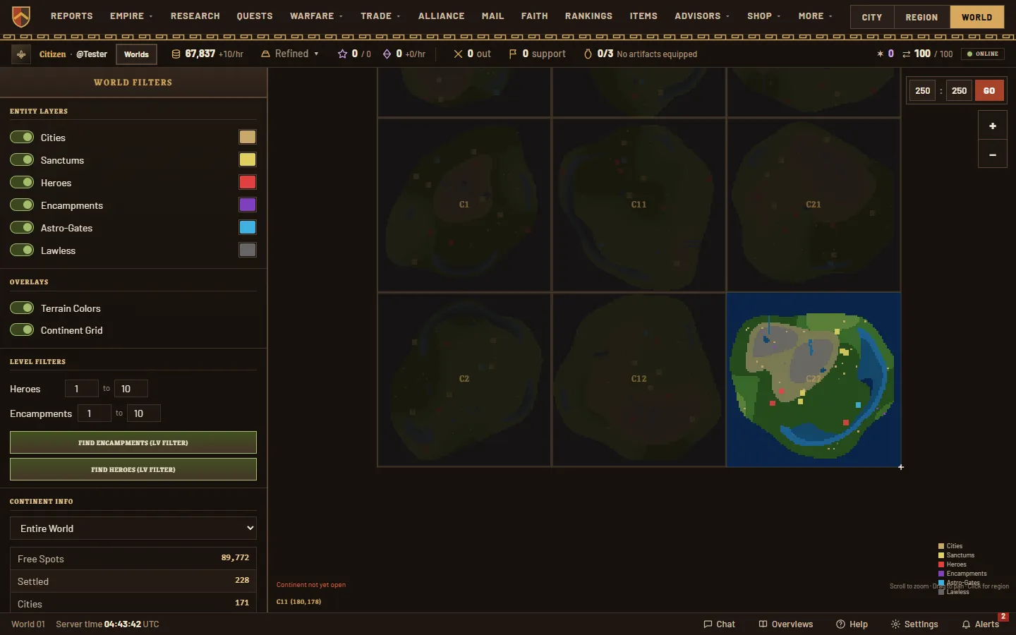 The world map: a grid of continents, one open and full of cities, the others still waiting to open.